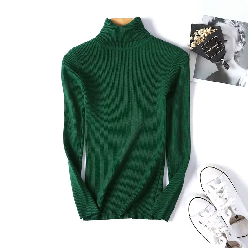 Casual Soft Polo-Neck Jumper New Autumn Winter Women Knitted Turtleneck Sweater Fashion Slim Elasticity Solid Ribbed Pullovers