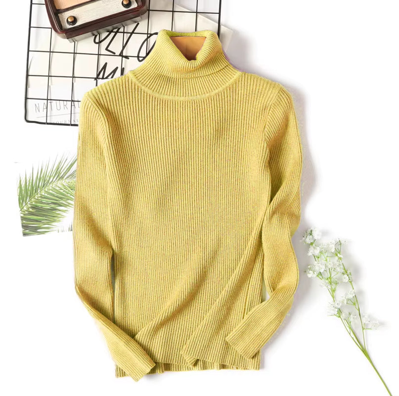 Casual Soft Polo-Neck Jumper New Autumn Winter Women Knitted Turtleneck Sweater Fashion Slim Elasticity Solid Ribbed Pullovers